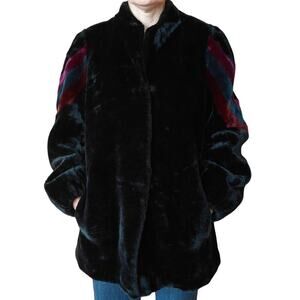 Vintage Black Faux Fur Coat Colorblock Sleeves Union Made Casper